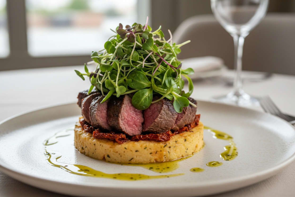 i need a gourmet dish (a tuscan chicken or a beef sirloin) with plenty on sunflower and radish microgreens on top drizzled in a oil vinaigrette 